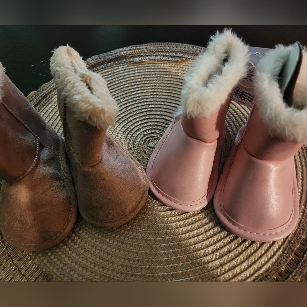 Pink and Brown Baby Boots with Faux Fur, Size 3-6 Months